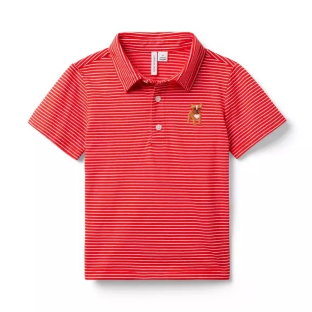 Janie and Jack Moto Red Striped Jersey Polo with French Bulldog Logo, 5